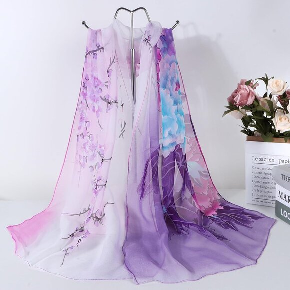 Women's Purple-flower Fashion Lightweight Head Scarf Floral Print Chiffon Scarve - Picture 2 of 6